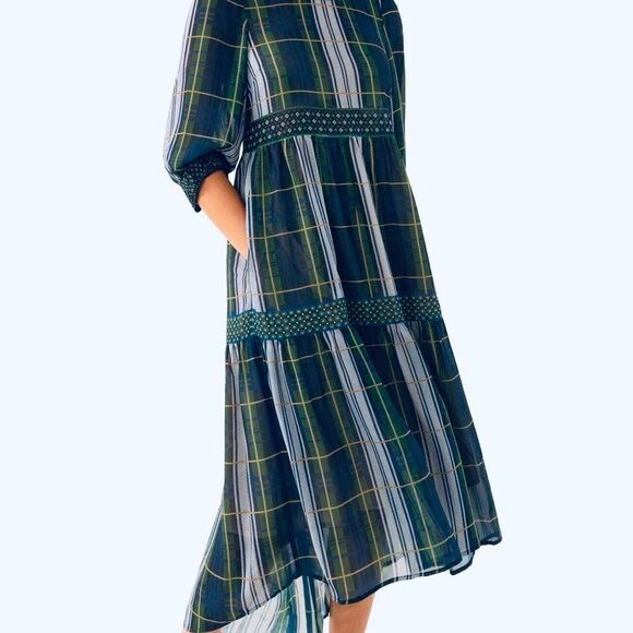 Gretchen Scott Designs plaid, tiered midi dress. - Picture 3 of 7